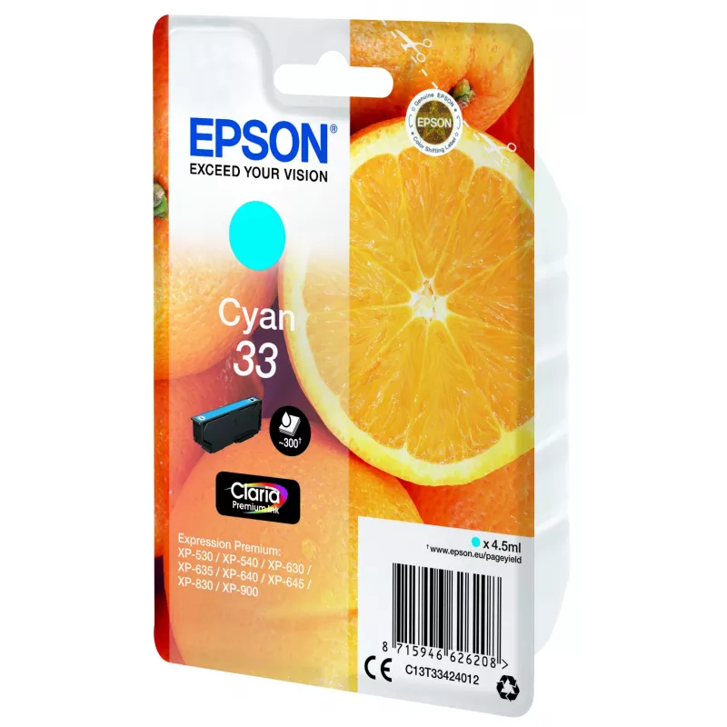 Epson Oranges Einzelpack Cyan 33 Claria Premium Tinte, Cyan, 4,5 ml, 1 Stk., 300 Seiten