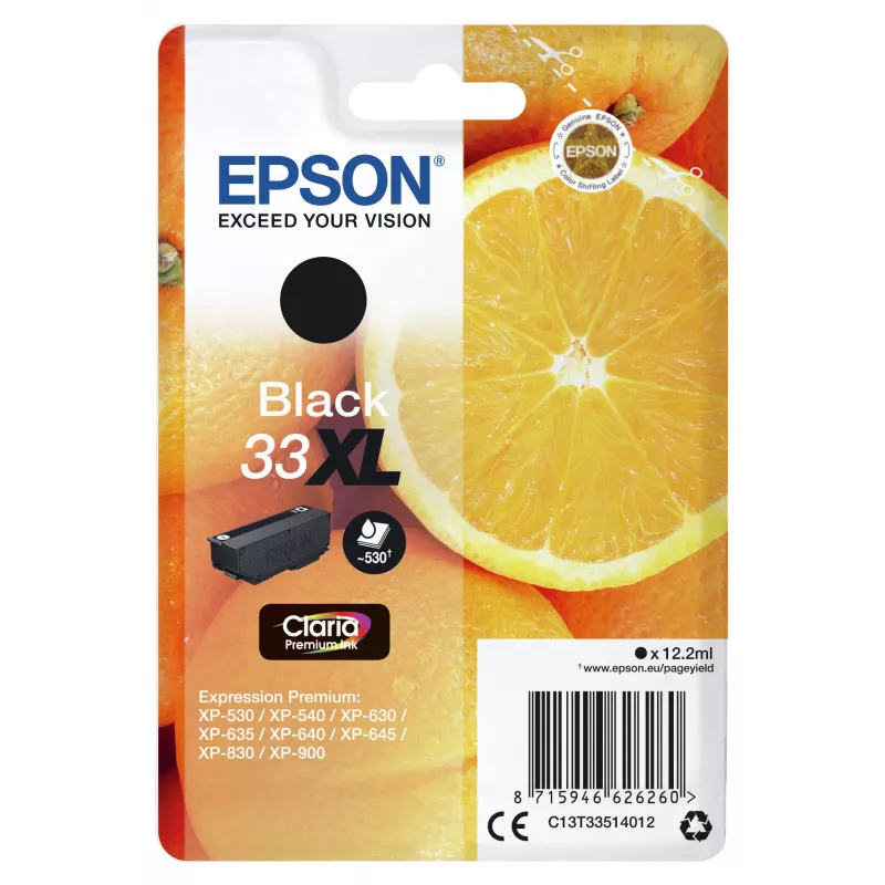 Epson Oranges Einzelpackung Schwarz 33XL Claria Premium Tinte, Hohe (XL) Reichweite, Schwarz, Pigmenttinte, 12,2 ml, 1 Stück