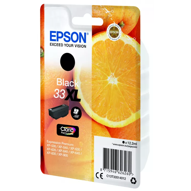 Epson Oranges Einzelpackung Schwarz 33XL Claria Premium Tinte, Hohe (XL) Reichweite, Schwarz, Pigmenttinte, 12,2 ml, 1 Stück
