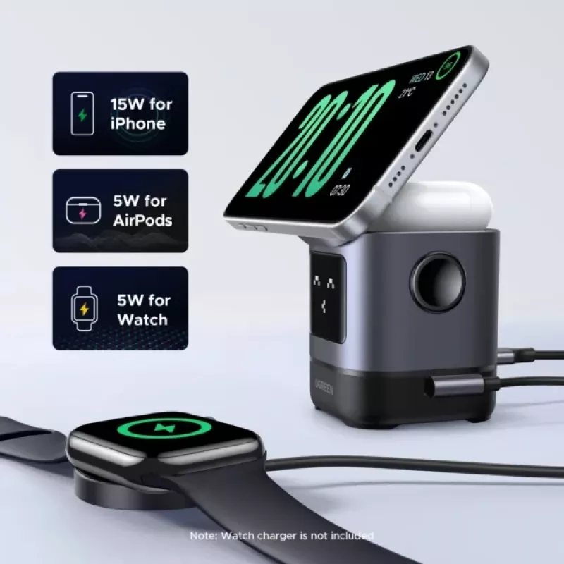 Ladegerät UGREEN 45775 — kabelloses AC-Schnellladegerät für den Innenbereich, universell, 1× USB-C, schwarz/grau