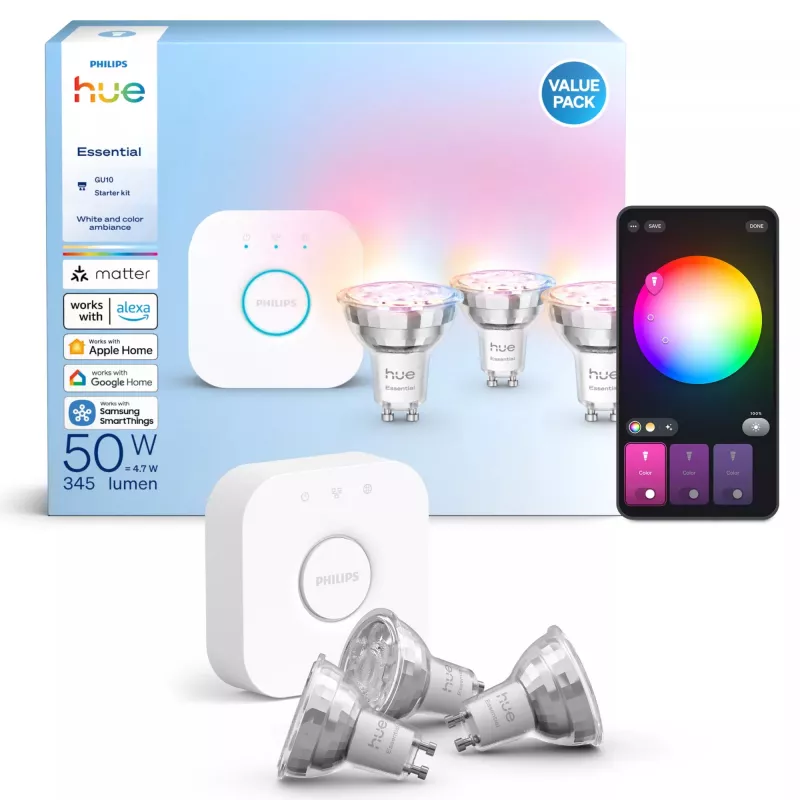Philips Hue White and Colour Ambience Essential Starter-Kit: 3 GU10 Smart-Lampen (345 lm)