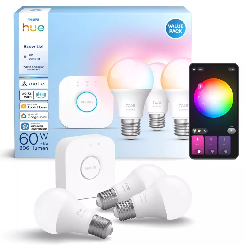 Smart-Lighting-Kit Philips Hue White and Colour Ambience Essential – 3× E27-Smart-Birnen, 806 lm, 8 W, Bluetooth/Zigbee