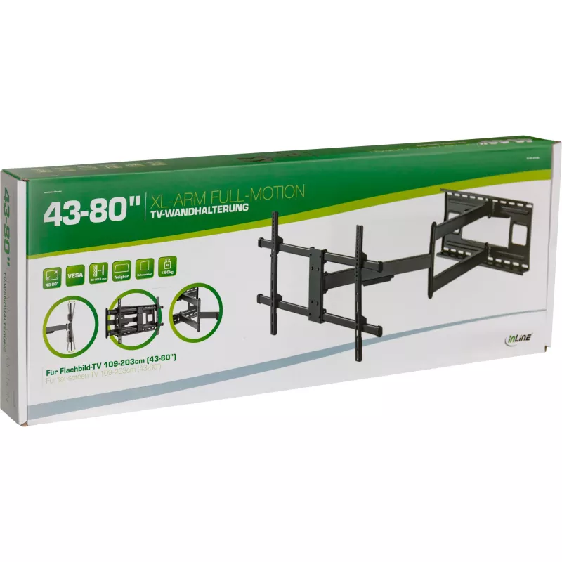InLine XL-Arm Full-Motion TV-Wandhalterung, für 43-Zoll-80-Zoll-Flachbildfernseher, max. 50kg