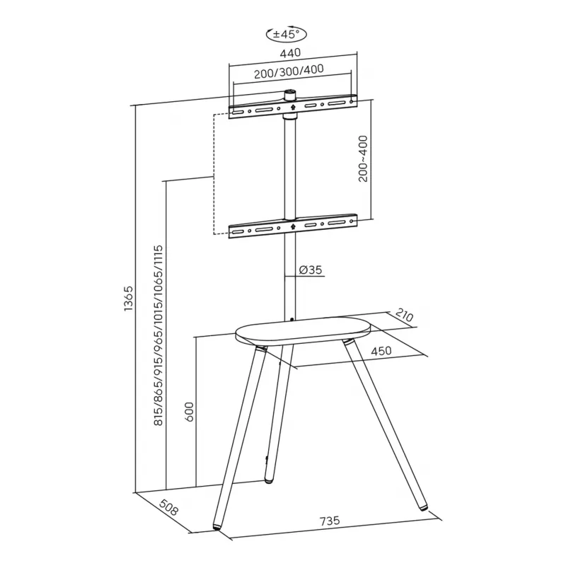 TV-Standfuß InLine 23133W für 43–65 Zoll Bildschirme mit Ablage, freistehender Träger