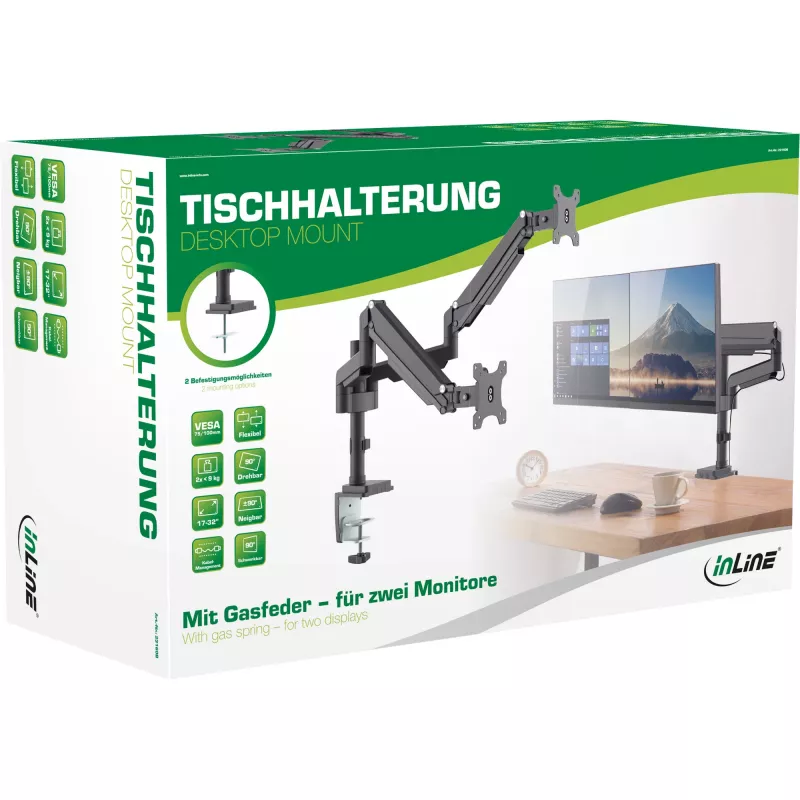 InLine Tischhalterung mit Lift für zwei Monitore bis 82 cm (32 Zoll), 9 kg
