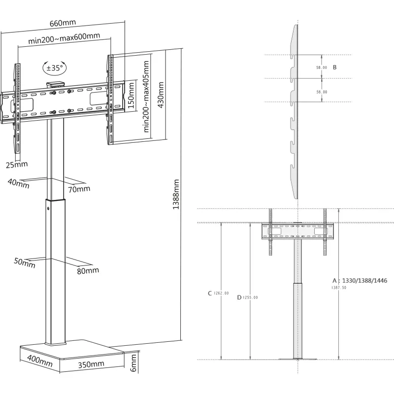 TV-Ständer InLine 23195A höhenverstellbar für LED-Fernseher 37-70 Zoll