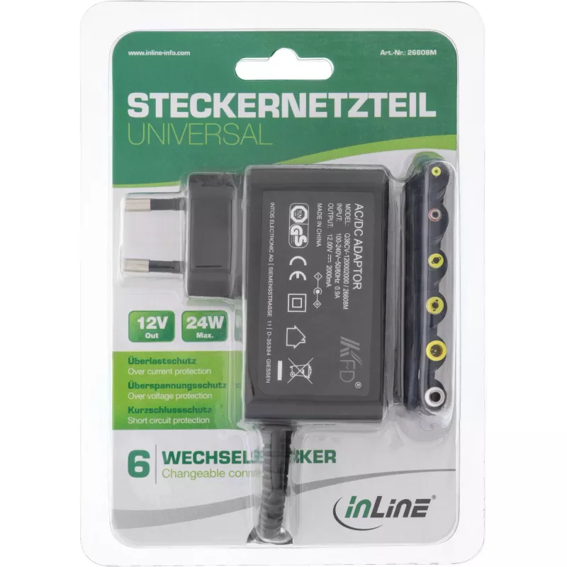 InLine Universal-Netzteil, 12 V / 24 W mit 6 austauschbaren Steckern