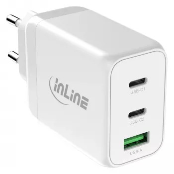 InLine mobiles Ladegerät 31506E — Universelles AC-Schnellladegerät für den Innenbereich, 100–240 V Eingang, bis zu 20 V/5 A Ausgang, 1x USB-A, 2x USB-C, Weiß