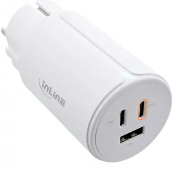 InLine USB PD Netzteil, GaN-Ladegerät, 3-Port, Dual-USB-C + USB-A, 65W, weiß