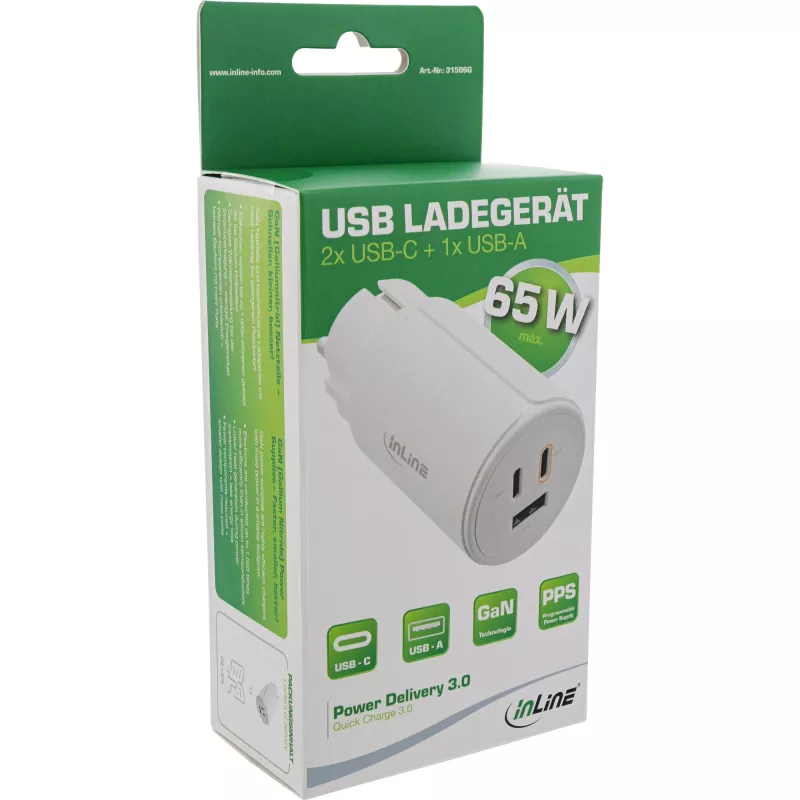 InLine USB PD Netzteil, GaN-Ladegerät, 3-Port, Dual-USB-C + USB-A, 65W, weiß