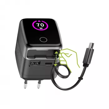 InLine USB-Netzteil, 70 W, GaN, USB-C PD + USB-A QC, Kabel 60 cm, schwarz