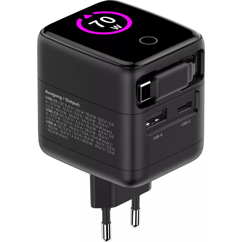 InLine USB-Netzteil, 70 W, GaN, USB-C PD + USB-A QC, Kabel 60 cm, schwarz