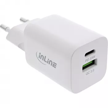 InLine USB-Netzteil, Ladegerät USB-A + USB-C, 33W, PD + QC, weiß