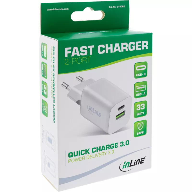 InLine USB-Netzteil, Ladegerät USB-A + USB-C, 33W, PD + QC, weiß