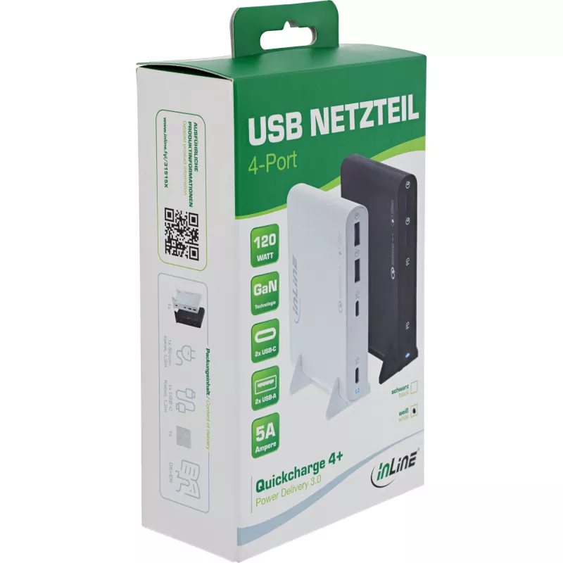 InLine USB-Netzteil, GaN-Ladegerät, 4-Port, 2x USB-C + 2x USB-A, 120W, weiß