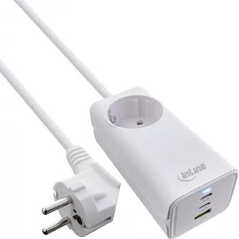InLine USB-Netzteil, GaN-Ladegerät, 2x USB-C, 1x USB-A, PD 3.0, Sicherheitssteckdose