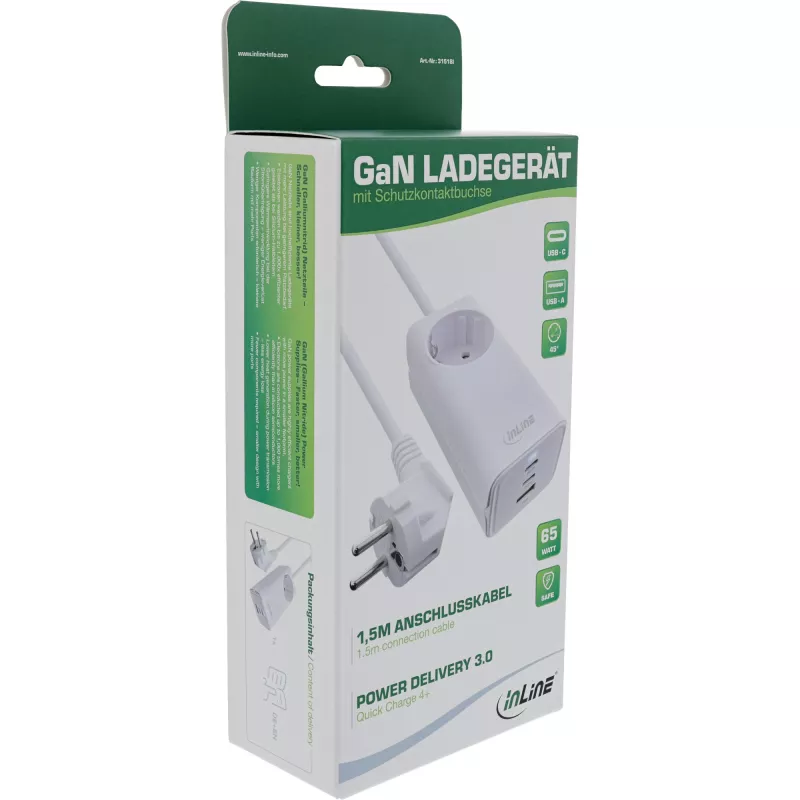 InLine USB-Netzteil, GaN-Ladegerät, 2x USB-C, 1x USB-A, PD 3.0, Sicherheitssteckdose