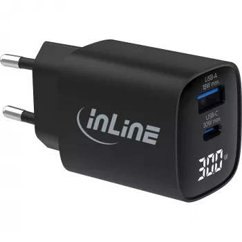 InLine USB PD Netzteil, GaN-Ladegerät, 2 Ports, USB-C + USB-A, 30W, mit Display