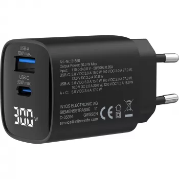 InLine USB PD Netzteil, GaN-Ladegerät, 2 Ports, USB-C + USB-A, 30W, mit Display
