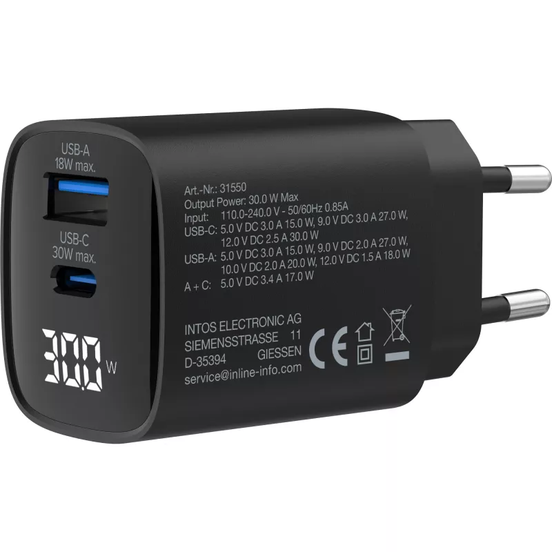 InLine USB PD Netzteil, GaN-Ladegerät, 2 Ports, USB-C + USB-A, 30W, mit Display