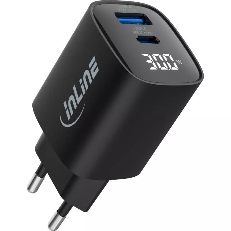 InLine USB PD Netzteil, GaN-Ladegerät, 2 Ports, USB-C + USB-A, 30W, mit Display