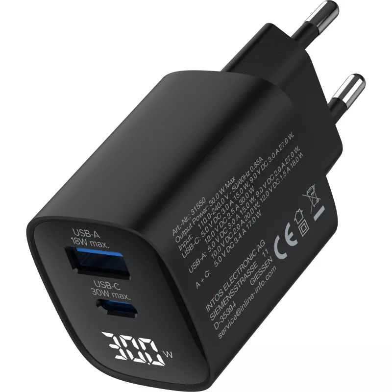 InLine USB PD Netzteil, GaN-Ladegerät, 2 Ports, USB-C + USB-A, 30W, mit Display