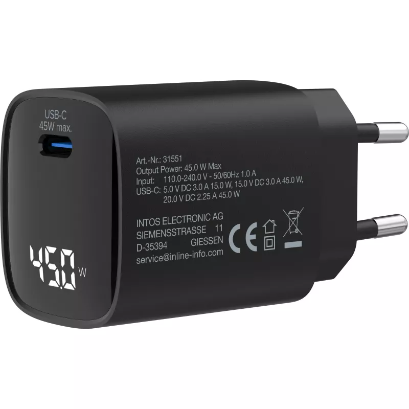 InLine USB PD Netzteil, GaN-Ladegerät, 1-Port, USB-C, 45W, mit Anzeige