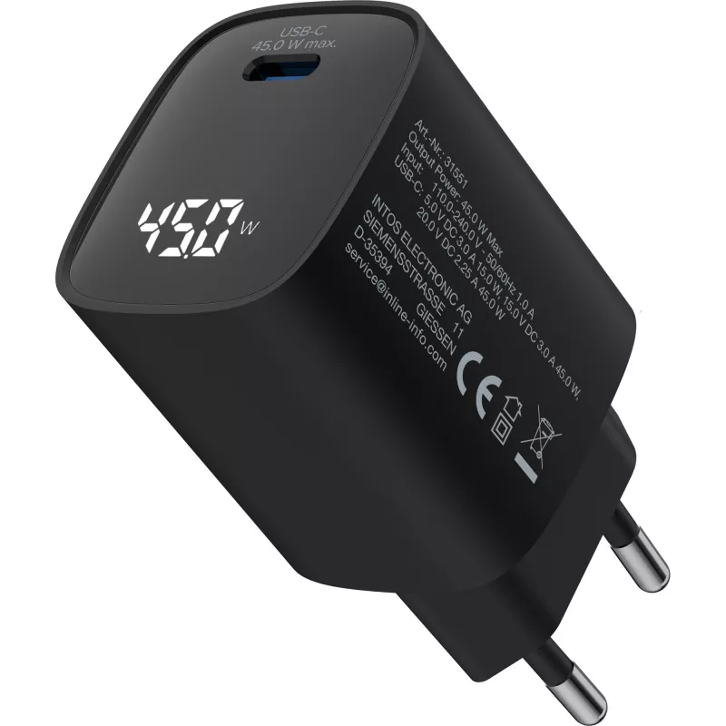 InLine USB PD Netzteil, GaN-Ladegerät, 1-Port, USB-C, 45W, mit Anzeige
