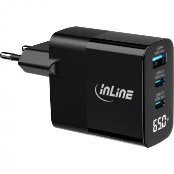 InLine USB PD Netzteil, GaN-Ladegerät, 3-fach, USB-C + USB-A, 65 W, mit Display