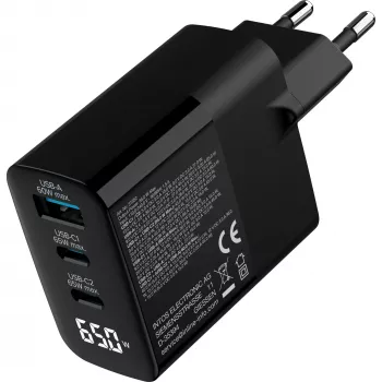 InLine USB PD Netzteil, GaN-Ladegerät, 3-fach, USB-C + USB-A, 65 W, mit Display