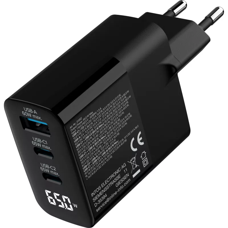 InLine USB PD Netzteil, GaN-Ladegerät, 3-fach, USB-C + USB-A, 65 W, mit Display
