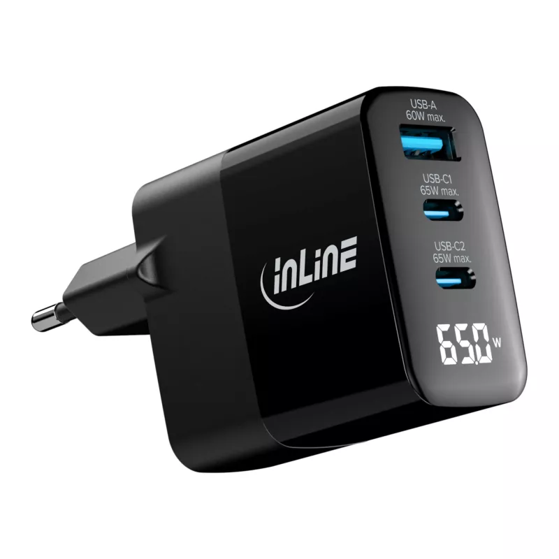 InLine USB PD Netzteil, GaN-Ladegerät, 3-fach, USB-C + USB-A, 65 W, mit Display