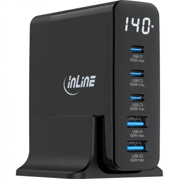 InLine USB PD Netzteil, GaN-Ladegerät, 5-Port, USB-C + USB-A, 140W, mit Anzeige