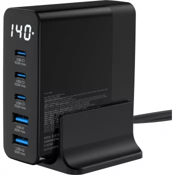 InLine USB PD Netzteil, GaN-Ladegerät, 5-Port, USB-C + USB-A, 140W, mit Anzeige