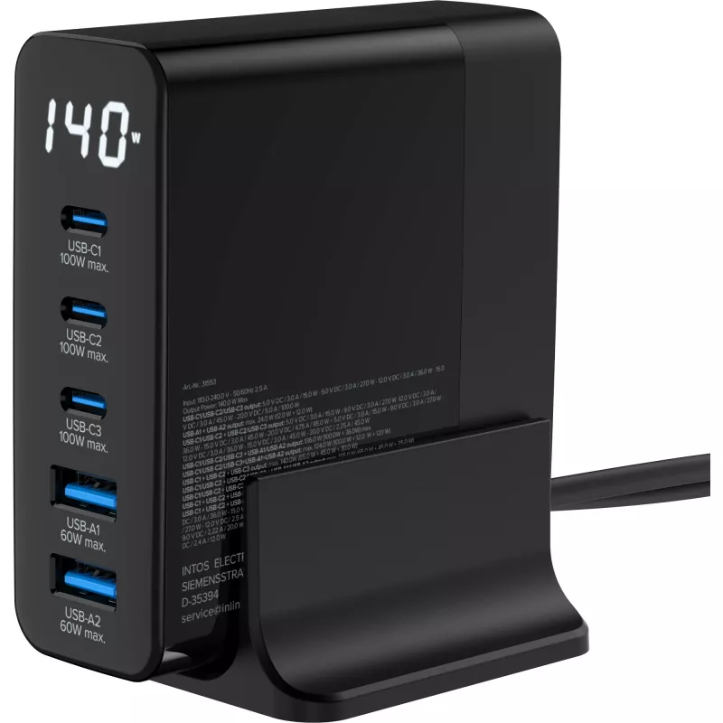 InLine USB PD Netzteil, GaN-Ladegerät, 5-Port, USB-C + USB-A, 140W, mit Anzeige