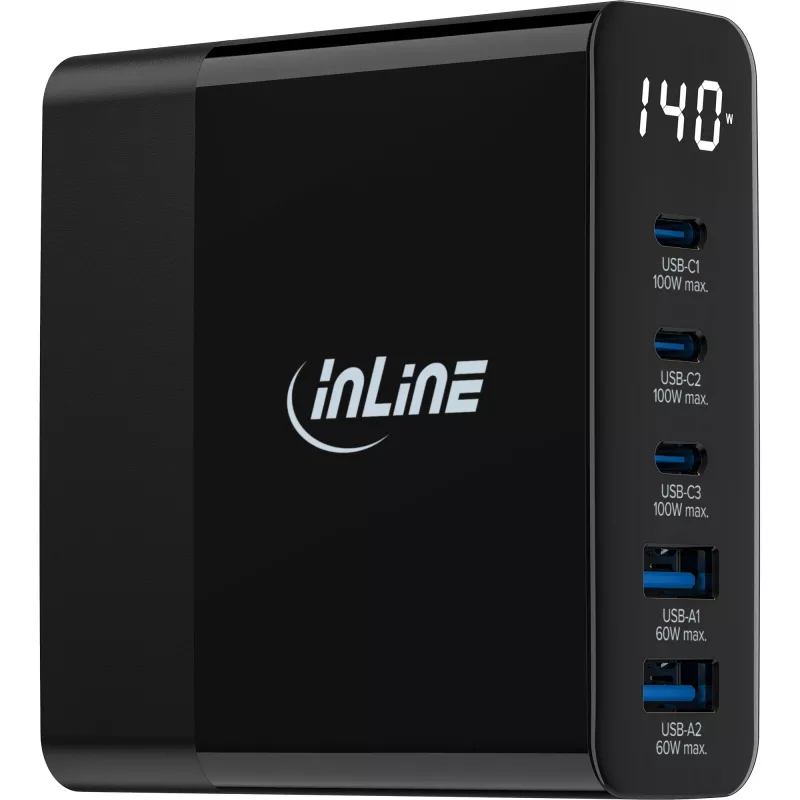 InLine USB PD Netzteil, GaN-Ladegerät, 5-Port, USB-C + USB-A, 140W, mit Anzeige