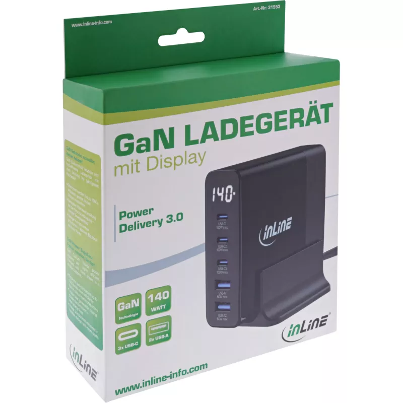 InLine USB PD Netzteil, GaN-Ladegerät, 5-Port, USB-C + USB-A, 140W, mit Anzeige