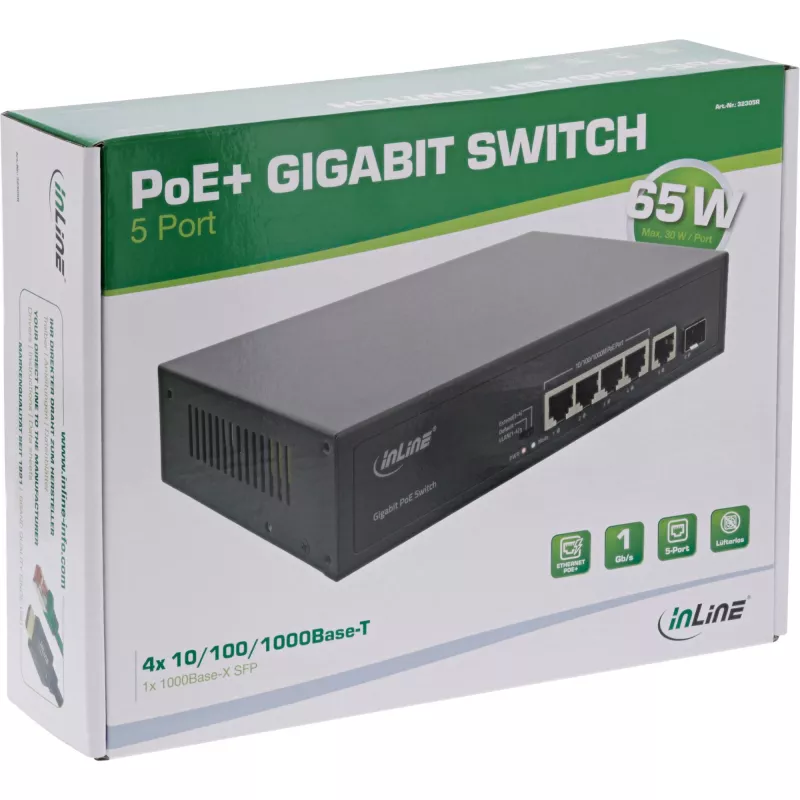 Unmanaged Switch InLine PoE+ Gigabit Network Switch 5 Port 4x PoE+ 1xSFP 1Gb/s desktop