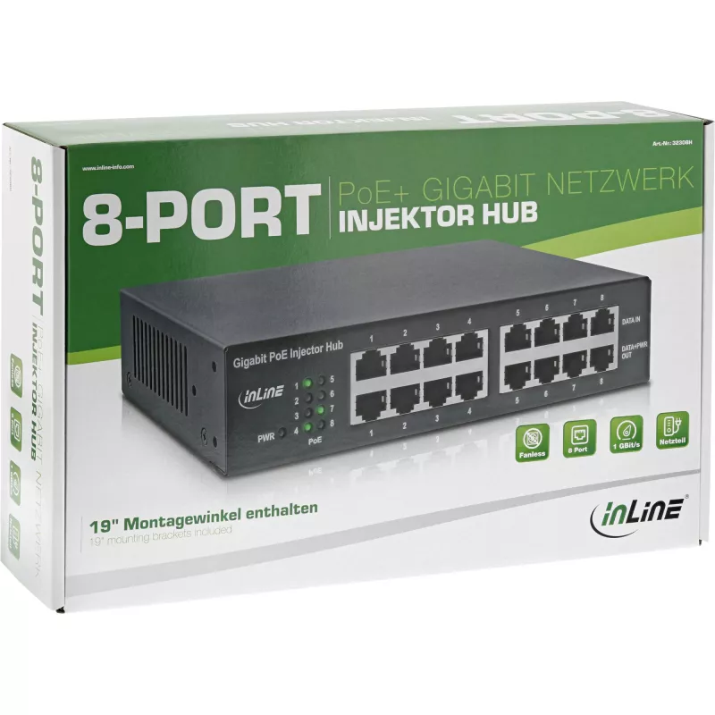 InLine PoE+ Gigabit Netzwerk-Injektor-Hub 8 Port (8x PoE+), 1 Gbit/s, 19 Zoll 1U