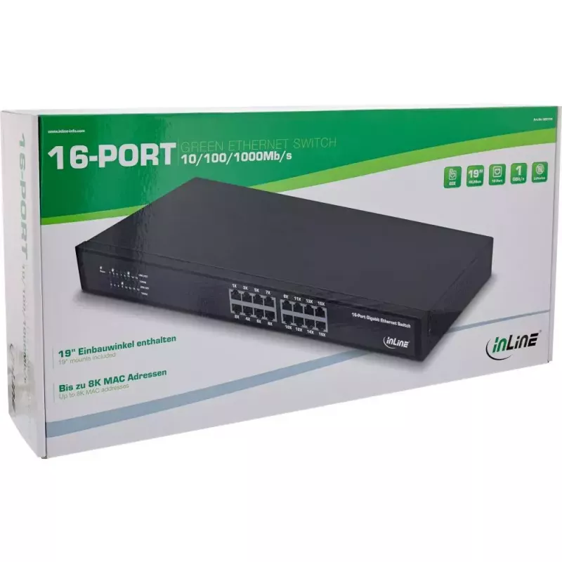 InLine Gigabit Netzwerk-Switch 16-Port, 1Gb/s, 19 Zoll 1U, lüfterlos