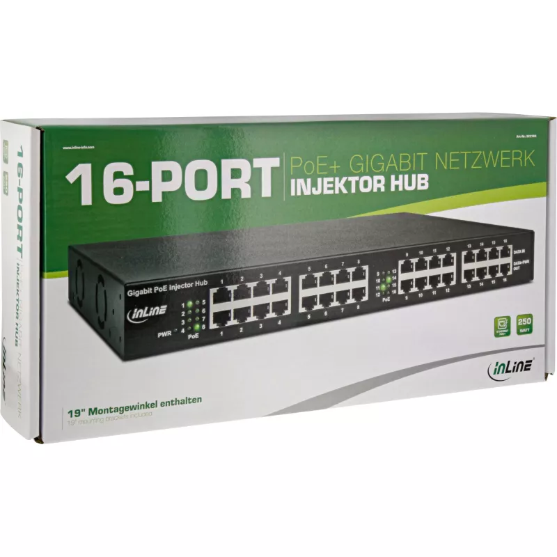 InLine PoE+ Gigabit Injector Hub 16 Port PoE+, 19 Zoll 1U, Halterungen enthalten, 2 Lüfter
