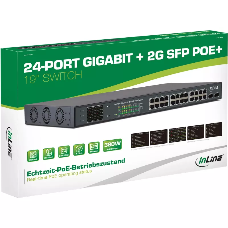 InLine PoE+ Gigabit Netzwerk-Switch 24 Port,1 Gb/s, 2xSFP,19 Zoll 1U (inkl. Halterungen)