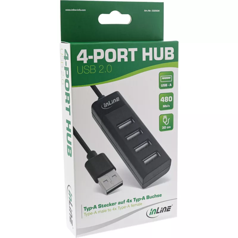 InLine USB 2.0 4-Port Hub, Typ-A-Stecker auf 4x Typ-A-Buchse, schwarz, 30 cm, schlank