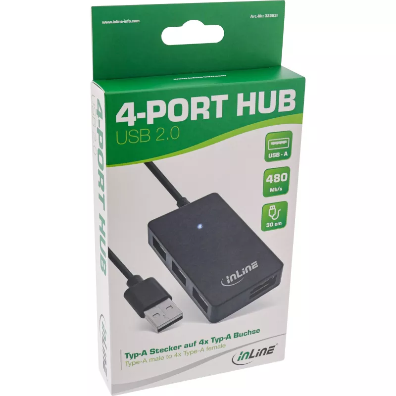InLine USB 2.0 4-Port Hub, Typ-A-Stecker auf 4x Typ-A-Buchse, schwarz, 30 cm