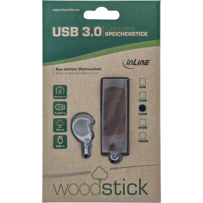 InLine USB 3.0 Flash-Laufwerk, Walnussholz, mit Schlüsselanhänger, 8 GB