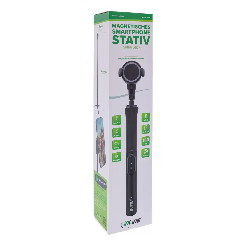 Selfie-Stick-Stativ InLine 48091 mit Bluetooth-Fernbedienung – ausziehbarer Smartphone-Halter