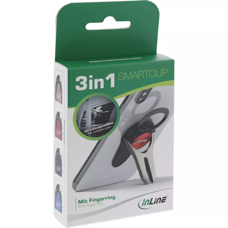 InLine Smartphone 3-in-1 Autohalterung, Standfuß, Fingerhalter, schwarz