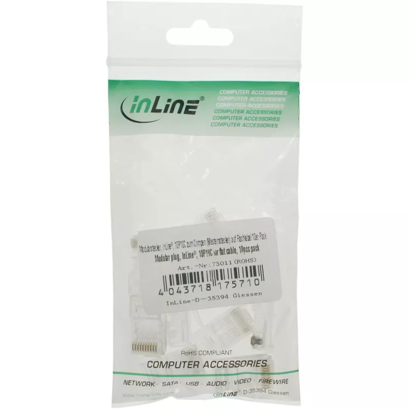 InLine Modularstecker 10P10C zum Crimpen – Western-Buchse auf Flachbandkabel, transparent, 10 St.