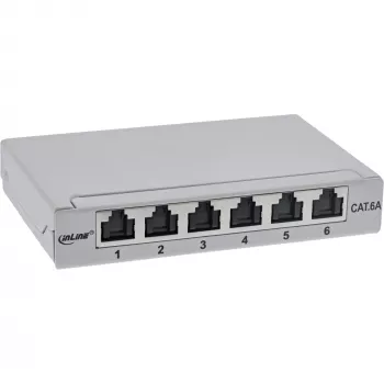 InLine Patchpanel Kat.6A 0,5HE 6-Port, Tisch/Wand/Schiene, grau mit Staubschutz