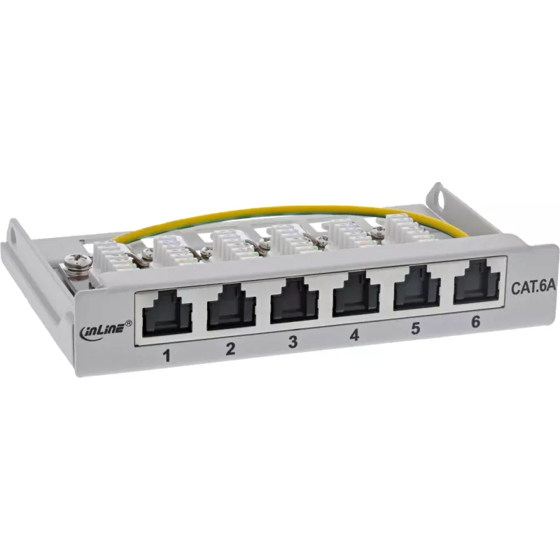 InLine Patchpanel Kat.6A 0,5HE 6-Port, Tisch/Wand/Schiene, grau mit Staubschutz